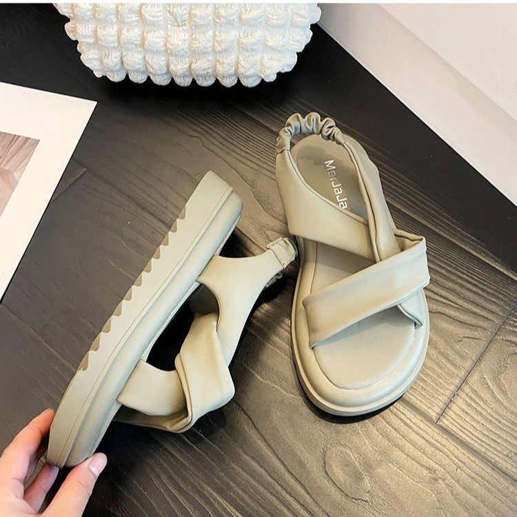 夏季时尚松糕鞋厚底凉鞋女2024年新款孕妇软底休闲运动沙滩罗马鞋