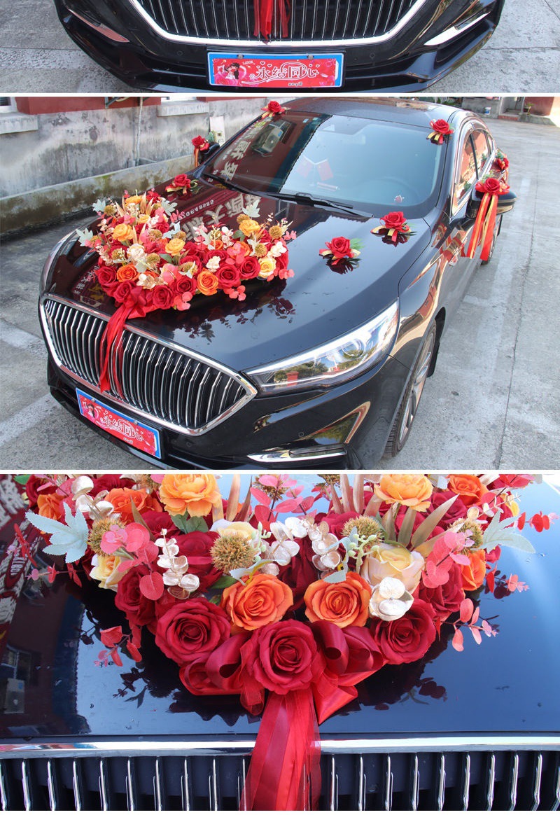 婚车装饰大v车头花结婚头车套花车布置用品主车队婚礼仿真吸盘