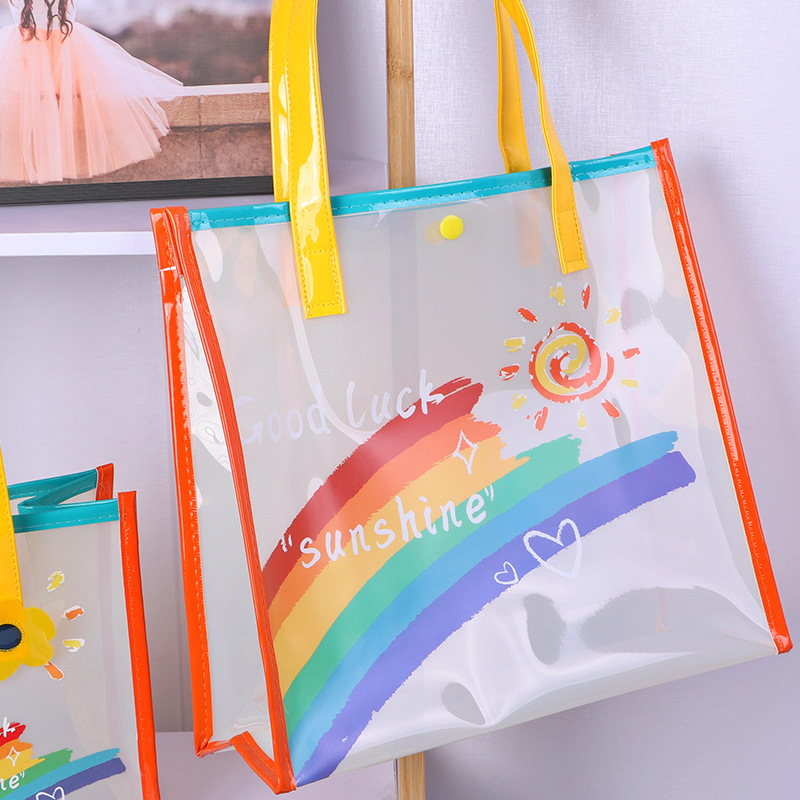 彩虹PVC透明小学生学习手提袋学校儿童礼品袋卡通可爱果冻包可A4