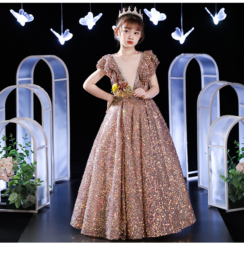 儿童礼服2022春季新款亮片女童主持人走秀晚礼服钢琴演奏演出服