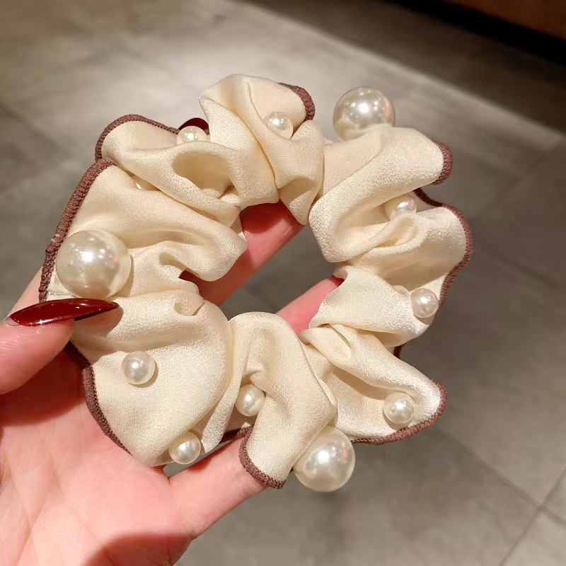 New Milk Coffee Color Pearl Large Intestine Hair Ring Korean Style Solid Color Satin Adult Temperament Intestine Ring High-Grade Hair Accessories for Women