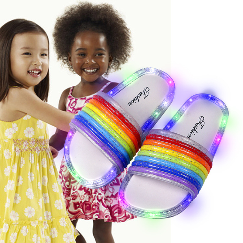 2023 Children Children Slippers Shoes Women's Summer Internet Hot New Good-looking Rainbow Flashing Light Indoor Home Outdoor Wear Word Children Slippers