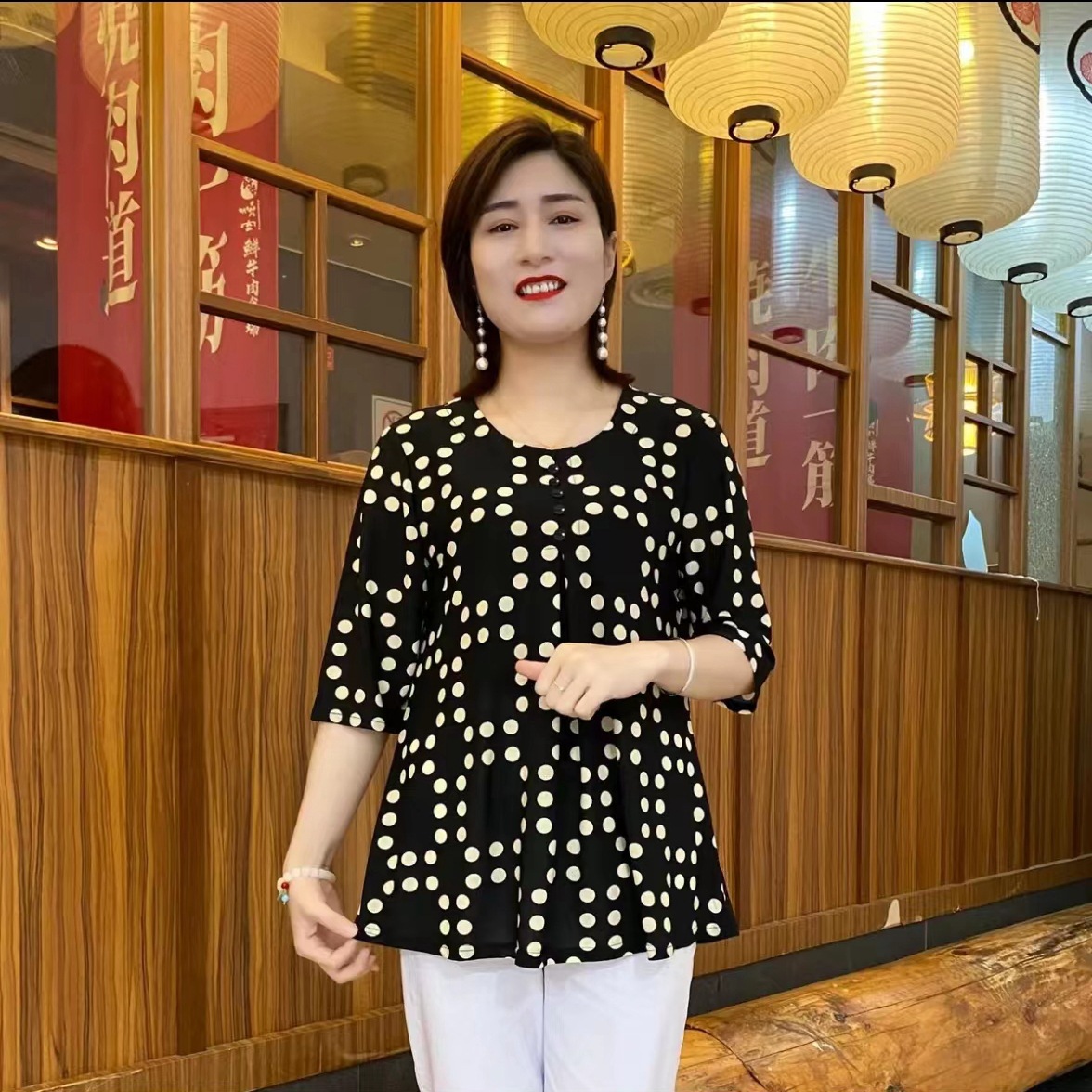 Middle-Aged and Elderly Women's Clothing Summer plus-Sized plus-Sized Loose Mid-Sleeve Bottoming Shirt Mother round Neck Pullover Loose Top plus Size