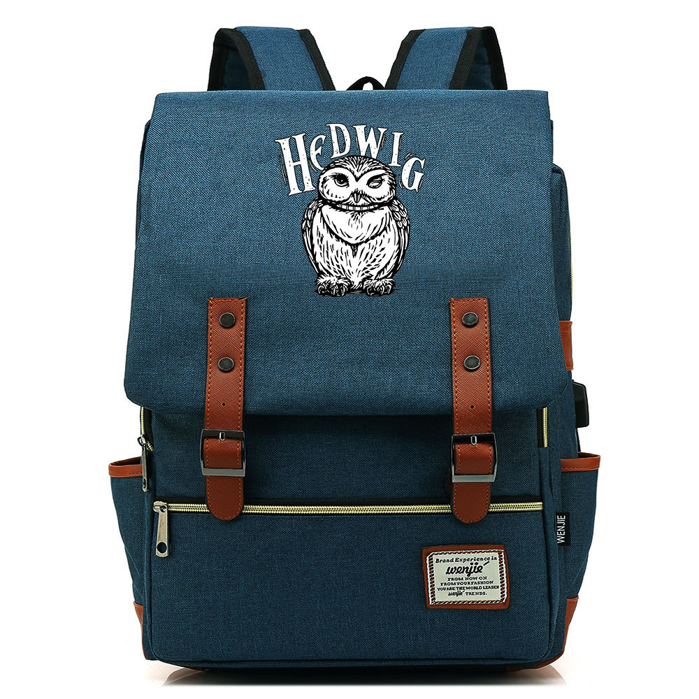 影视魔法学院印花usb青少年学生书包男女休闲皮带扣印花双肩背包