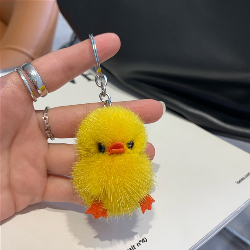 Mini Mink Hair Small Yellow Duck Car Key Ring Pendant Cute Plush Doll Doll Schoolbag Pendant