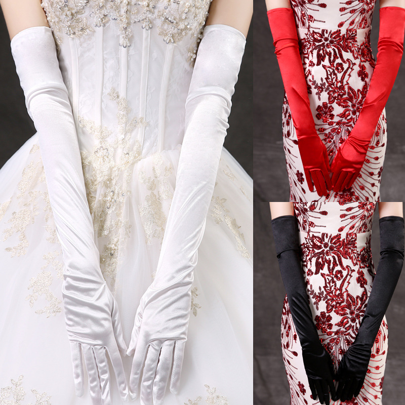 结婚新娘婚纱手套冬季礼服缎面超长款过肘纯色红白米黑色弹力手套