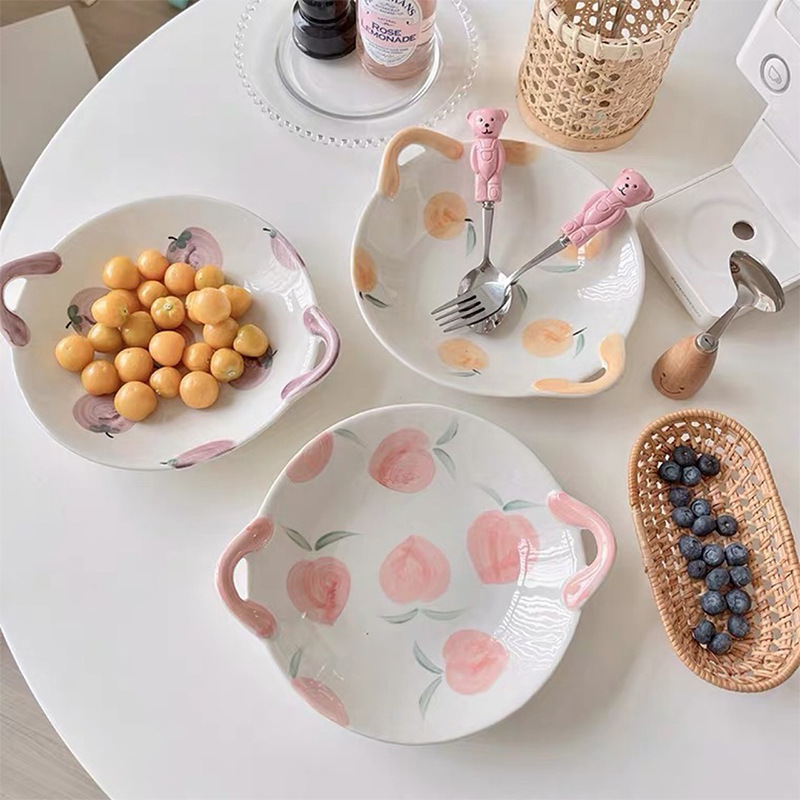 Nordic Simple Creative Tableware Household Ceramic Bowl Plate Noodle Bowl Dish Soup Pot Double Handle Disk Fashion Fruit Dessert Plate