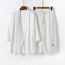 中国风男装唐装夏季亚麻短袖t恤套装棉麻七分袖体恤两件套潮半袖