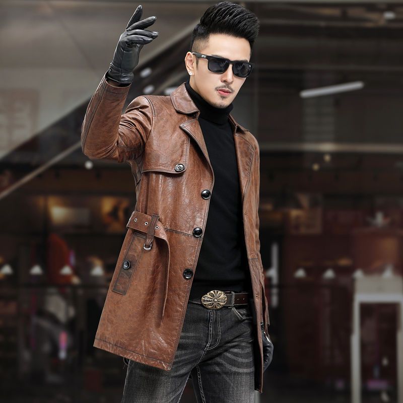 Real Leather Clothes Cowhide Autumn and Winter New Leather Coat Men's Leather Jacket Youth Coat Korean Style Slim-Fit Mid-Length Trench Coat Fashion