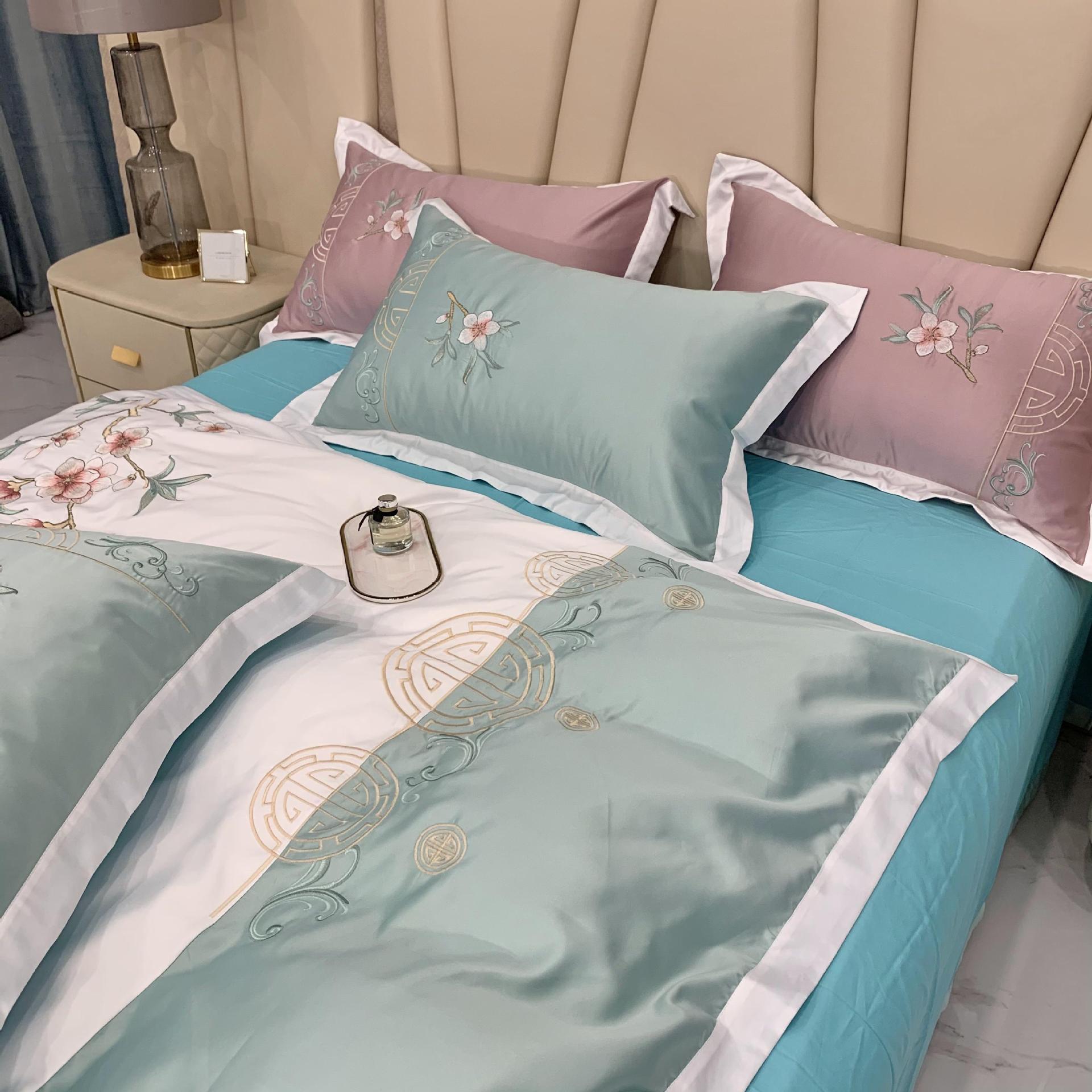 新中式刺绣花卉全棉床上用品高档真丝被套奢华简约纯棉