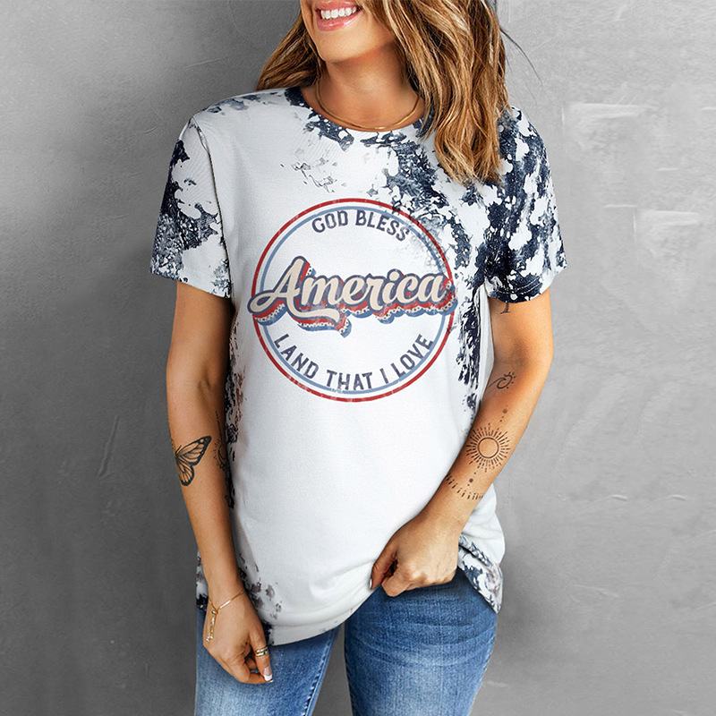 时颖跨境独立日英语字母套头上衣女夏季新款印花短袖宽松女式t恤