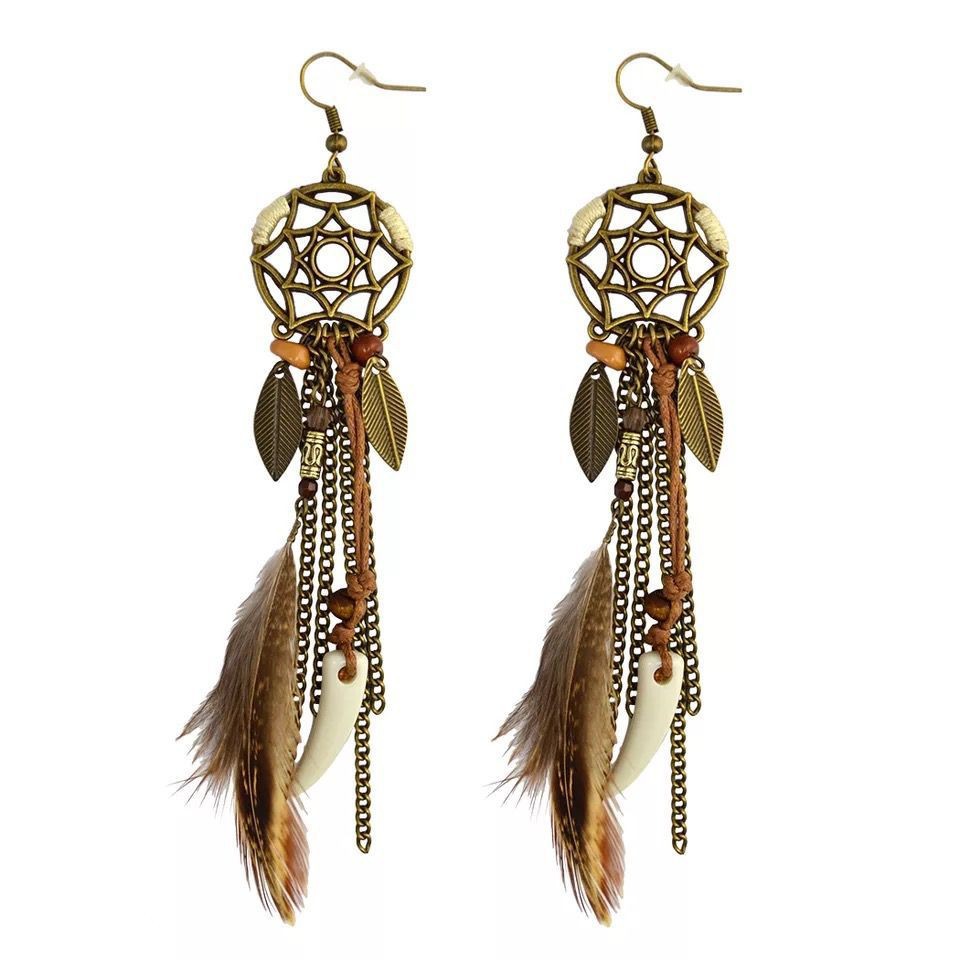 Cross-Border round Dreamcatcher Winding Leaves Horn Coffee Color Tassel Feather Earrings Female Leaves Wooden Posts Eardrops Earrings