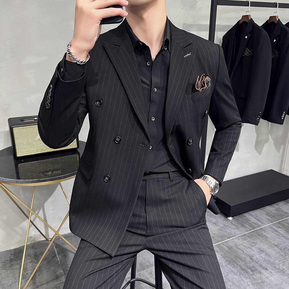 春秋双排扣条纹西服套装男修身正装高级感商务休闲西装结婚新郎服