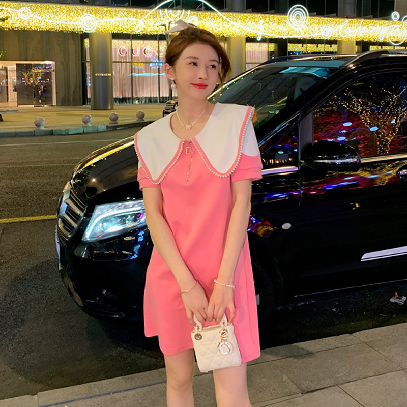 专柜同款~欧货粉色娃娃领连衣裙财阀千金小姐名媛气质短裙