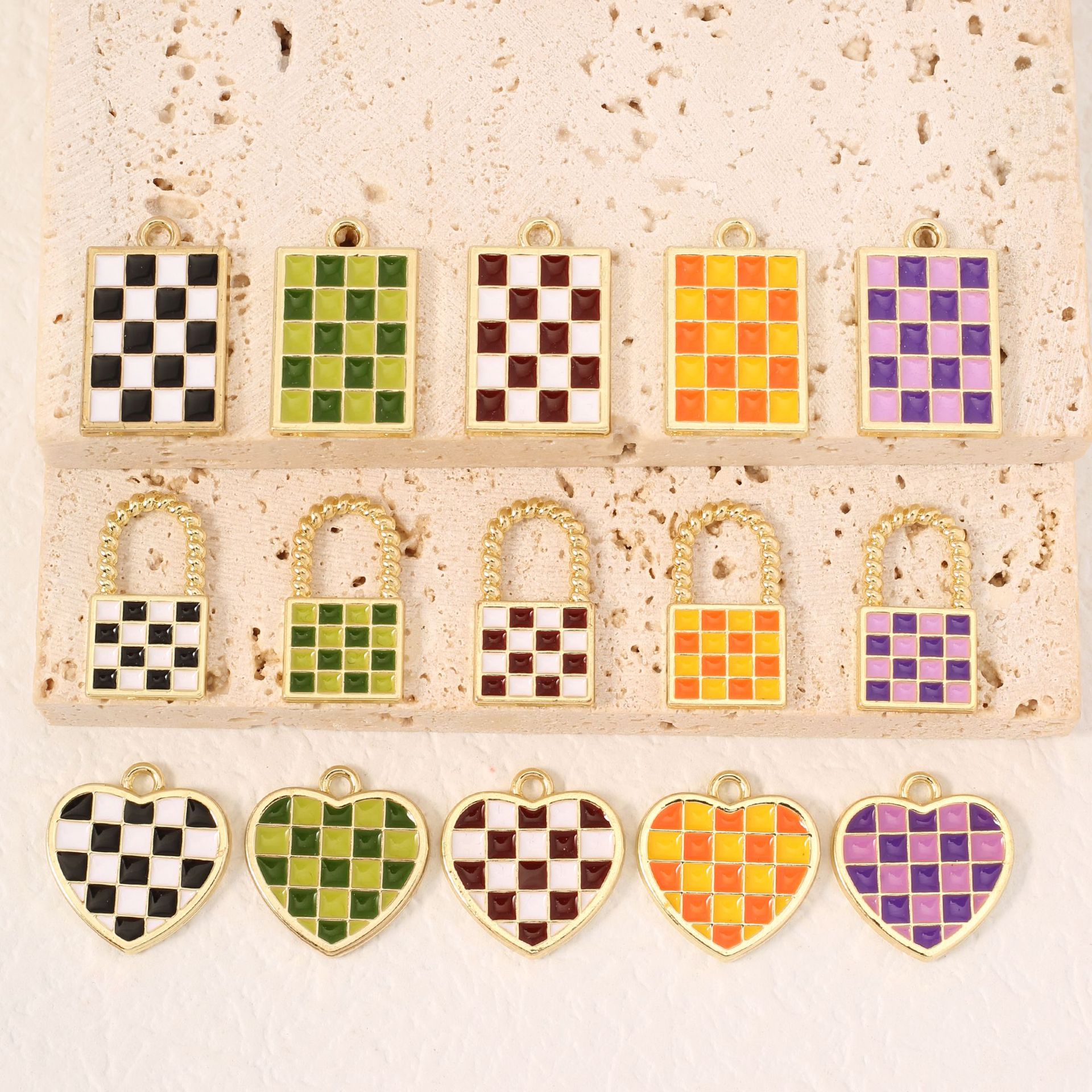 厂家直销新款跨境ins风彩色棋盘格项链耳环吊坠女饰品diy配件批发