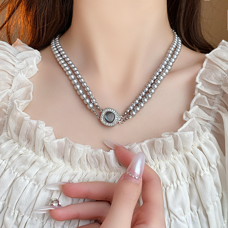 French Style Retro Diamonds Geometric Double-Layer Pearl Necklace Personality All-Match Clavicle Chain Fashion High Sense Necklace Wholesale