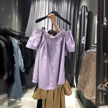 韩国东大门2024夏季新款时尚一字领吊带露肩褶皱短袖衬衫上衣女
