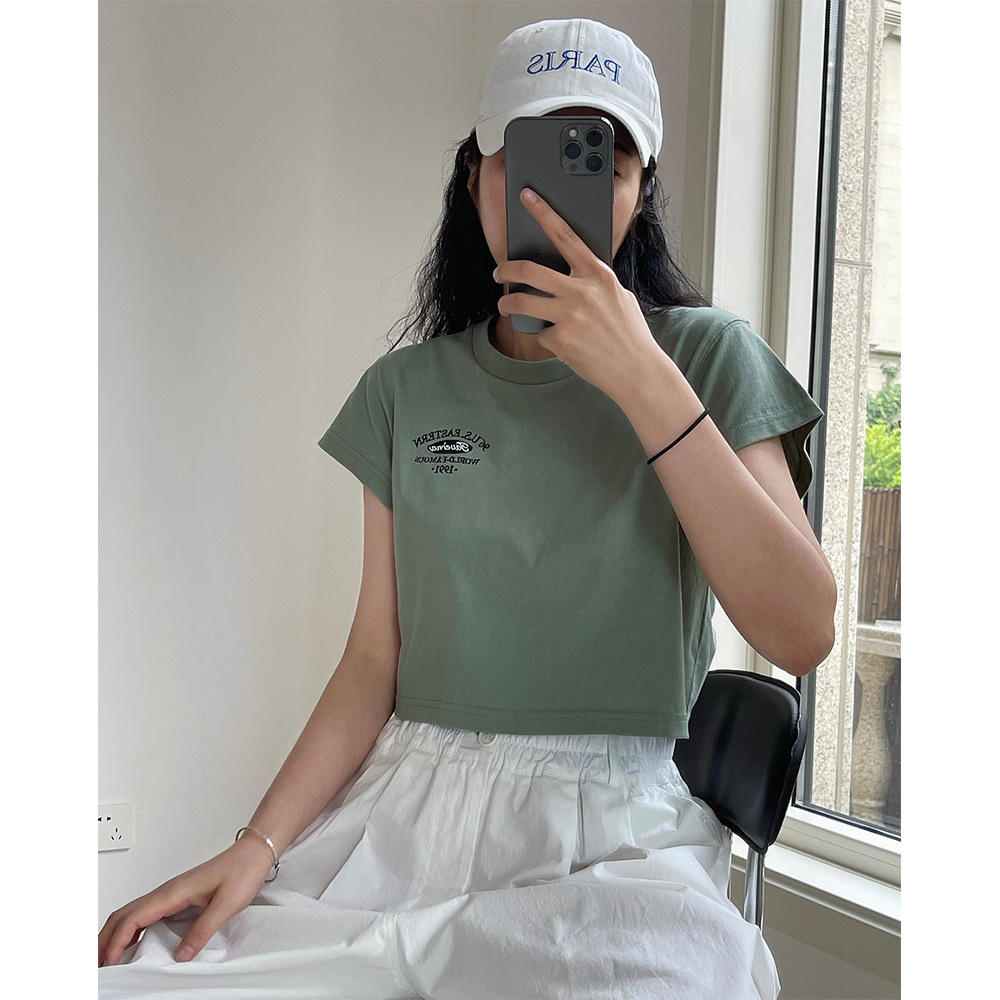 夏季新款美式复古刺绣短袖t恤高腰露脐凉感透气休闲小个子上衣女