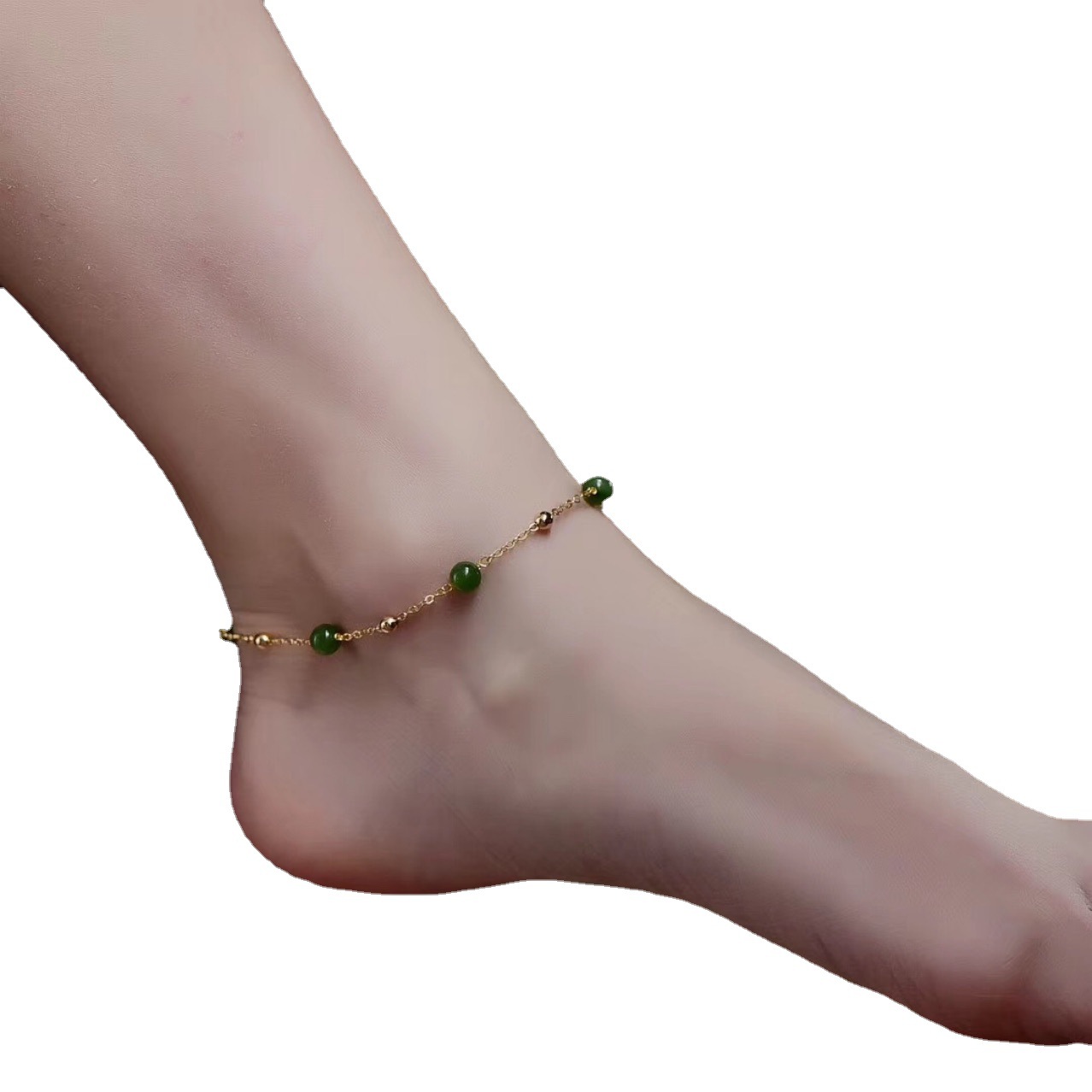 天然和田玉碧玉脚链14k金镶玉手串碧玉脚链满天星手链