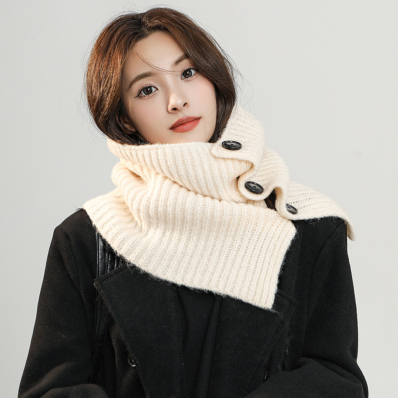 Women's Korean-Style Retro Warm Knitted Wool Button Scarf Fashionable All-Match Split Bandana Cold-Proof Neck Shawl