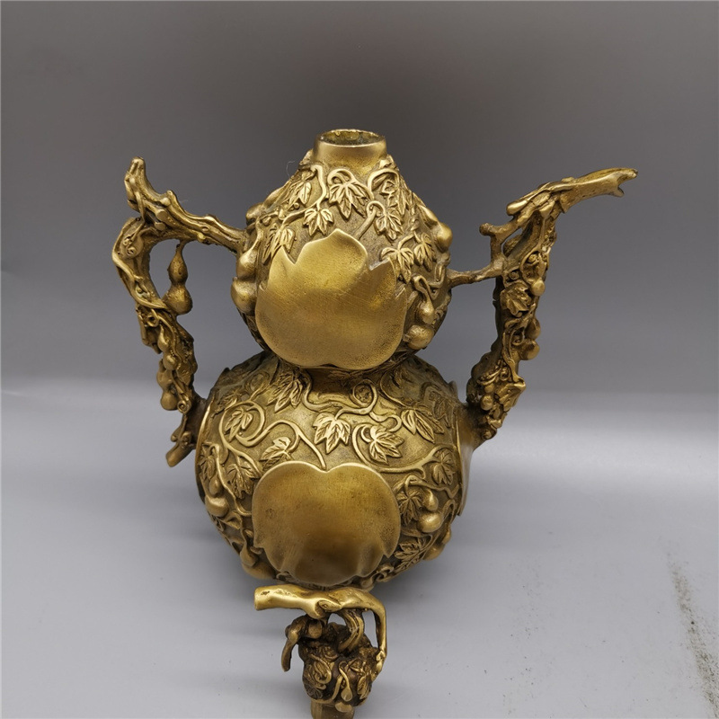 古玩收藏批发仿古做旧铜器黄铜子孙万代酒壶茶壶黄铜葫芦酒壶摆件