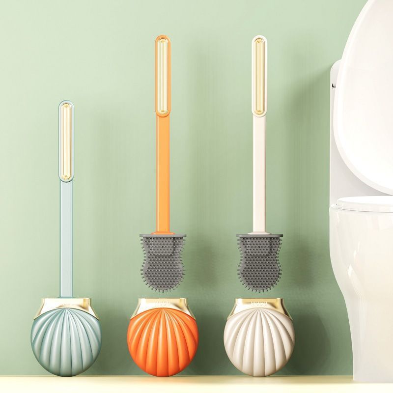 Shell Toilet Brush No Dead Angle Household Punch-Free Toilet Brush Wall-Mounted Bathroom Long Handle Silicone Brush Set