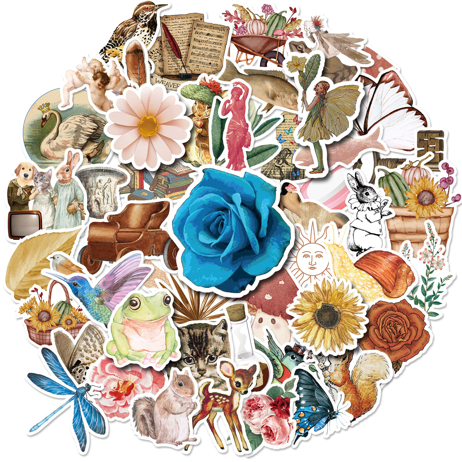 50张复古手账贴纸 欧美怀旧复古手账系列鸟兽贴画文艺手帐diy素材