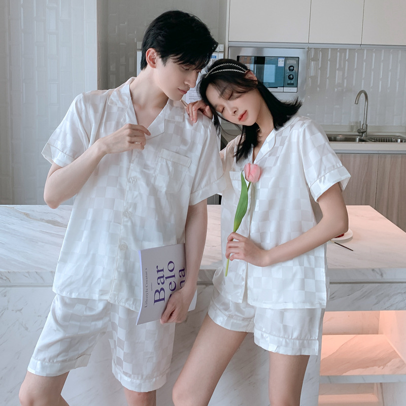 Plaid New Spring and Autumn Couple Pajamas Women's Summer Ice Silk Short Sleeve Shorts Summer Silk Men's Suit Home Wear