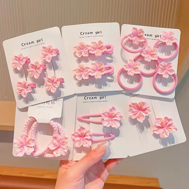 Spring Korean Style Cherry Blossom Children Do Not Hurt Hair Hairpin Pink Cute Girl Hairpin Flower Hair Rope Girl Leather Case