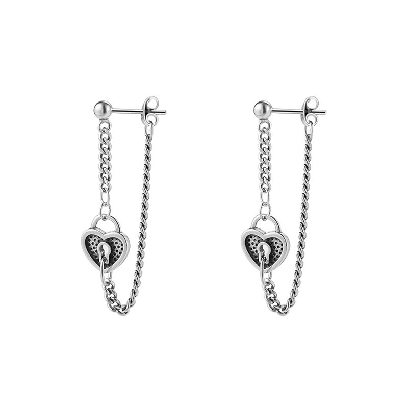 S925 Sterling Silver Vintage Thai Silver Heart-Shape Lock Chain Earrings 2022 Trendy Fashion Personalized Hip Hop Tassel Heart-Shaped Earrings