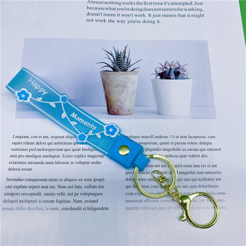 Pvc Soft Glue Transparent Candy Color Flower Happy Moments Keychain Lanyard Hand Rope Quicksand Bottle Small Pendant