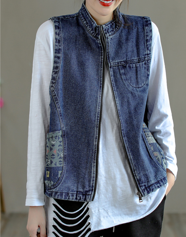 秋季新款 文艺拼接口袋印花牛仔马甲女宽松显瘦6299