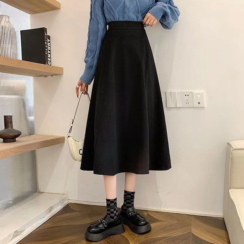 法式黑色半身裙女春秋高腰a字中长款裙子大摆伞裙半裙春季小个子