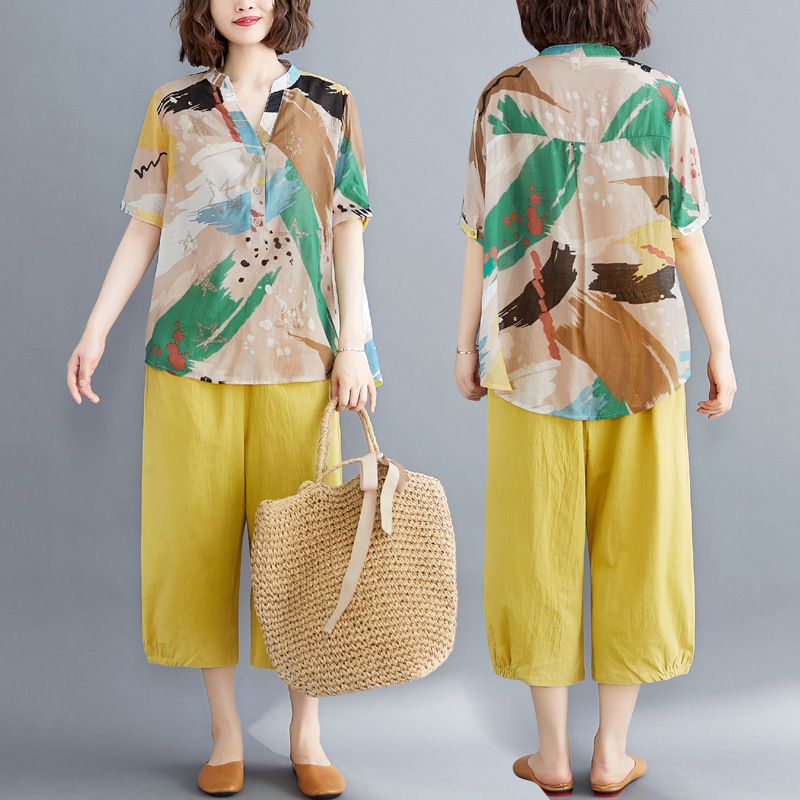 实拍2022夏装新款文艺复古中年洋气宽松印花两件套棉麻休闲套装女