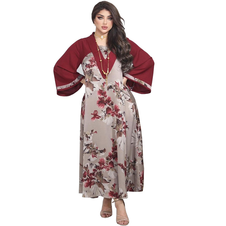 Ab217 Middle East Cross-Border Amazon Hot Sale Abaya Muslim Print Stitching Dress Djellaba