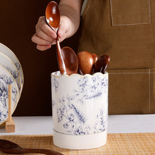 陶瓷筷子筒法式线性深蓝色花卉收纳罐筷子勺筷子笼餐具厨房收纳盒
