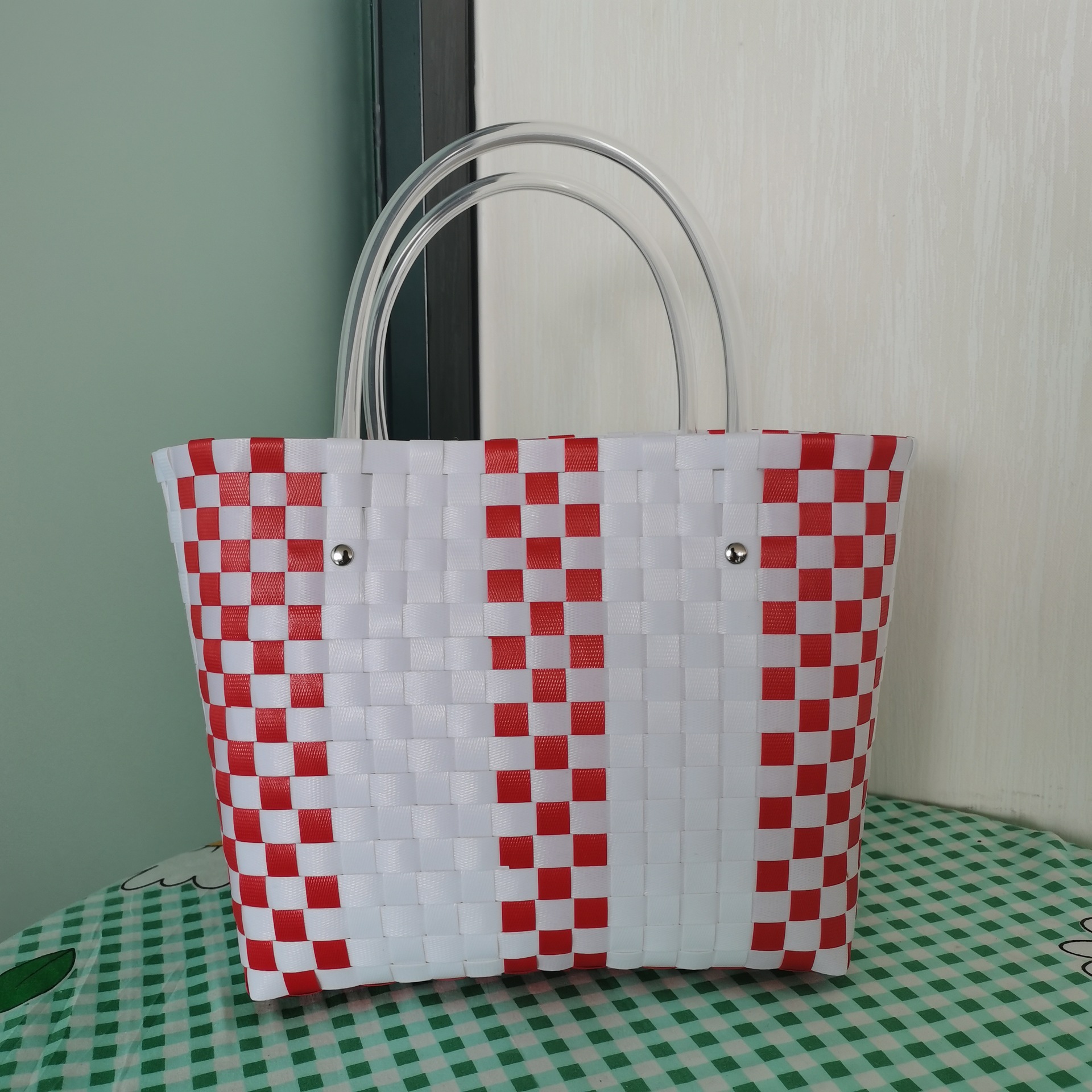 Wholesale Handmade Plastic Woven Bag Six-Color Hand Basket Striped Plaid Women's Shoulder Bag Color Hand Basket