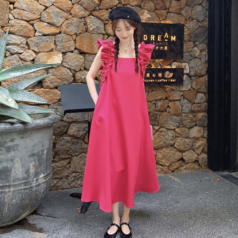 复古法式方领木耳边小飞袖连衣裙女夏宽松显瘦质感玫红色长裙