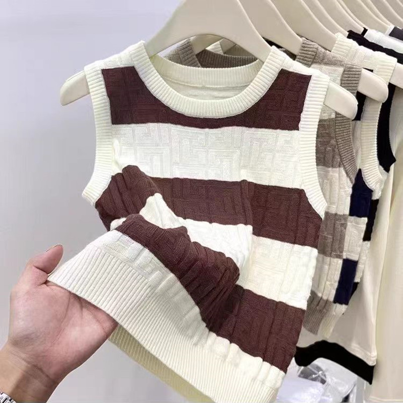 Contrast Color Striped Sunken Stripe Sleeveless Knitted Vest Women's Autumn and Winter 2024 New Suit Inner Wear Waistcoat Outerwear Fashionable Top