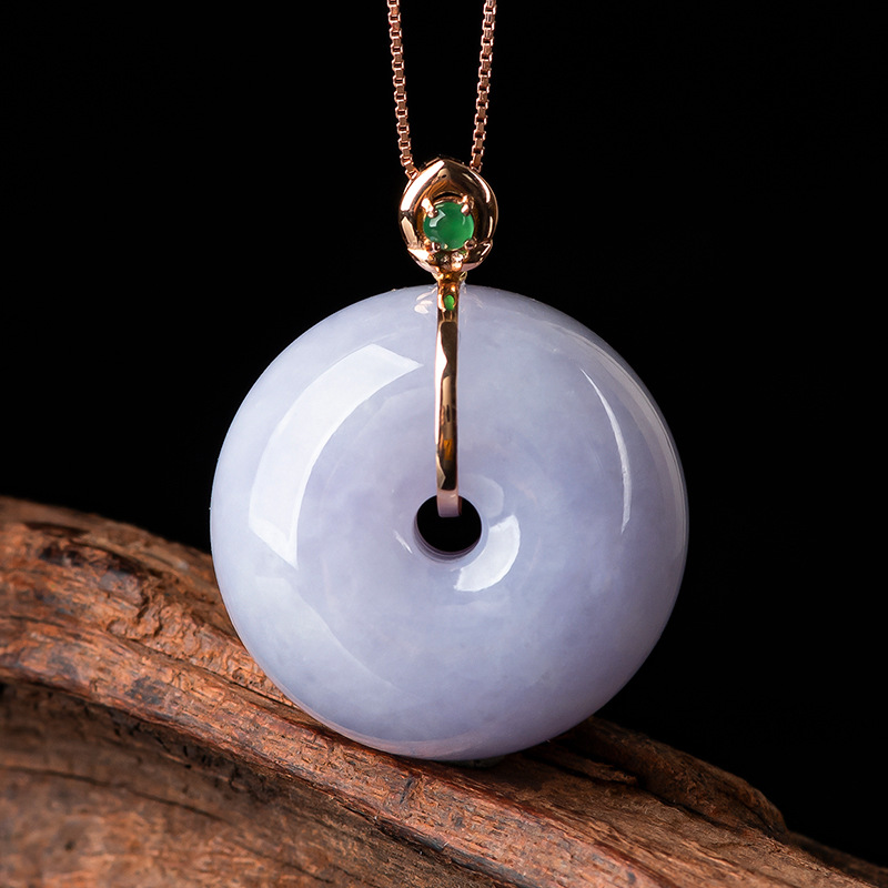 孤品天然缅甸a货翡翠紫罗兰甜甜圈平安扣18k金镶玉石吊坠挂件玉坠