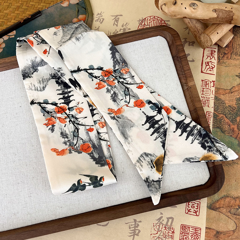 an Ink Painting of Bamboo White Crane New Chinese Style Antique Hair Band Long Silk Scarf Female Hair Accessories Ink Painting Chinese Style Lace Scarf Belt