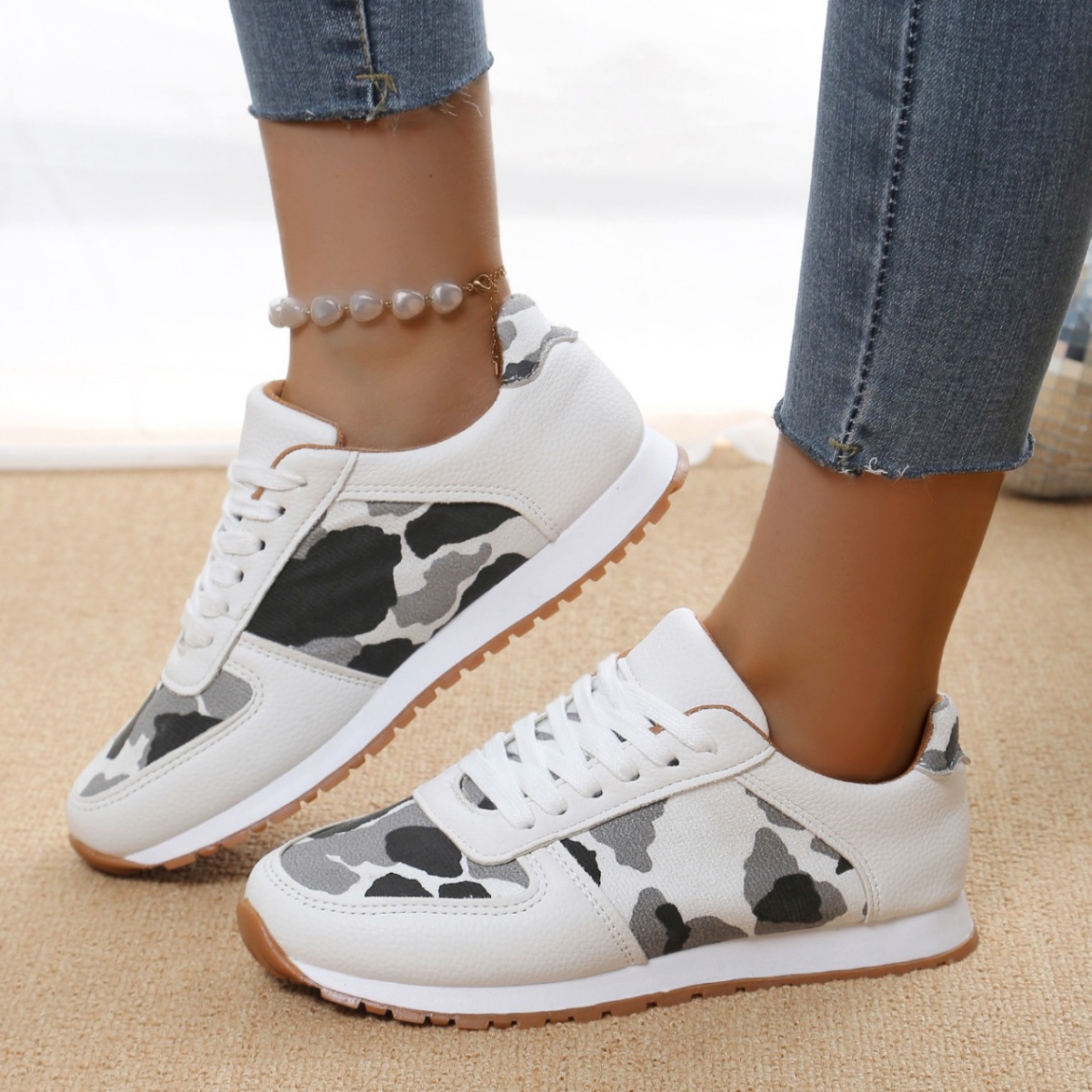 豹纹休闲单鞋女2024热销亚马逊欧美圆头厚底拼色低帮运动鞋shoes