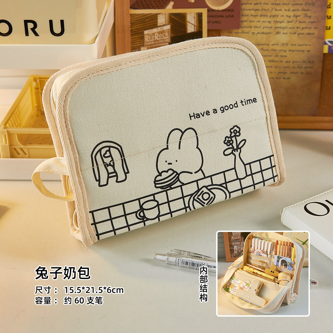 Canvas Pen Bag Large Capacity Girl Ins Style Japanese Stationery Box New Popular Student Stationery Storage Pencil Box