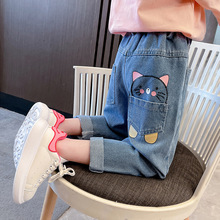 春季新款儿童猫咪牛仔裤2024年韩版女童直筒裤一件代发网红童装潮
