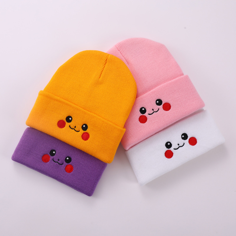 Male and Female Students Autumn and Winter Hat Anime, Cartoon, Cute Smiling Face Knitted Hat Outdoor Pullover Warm Hat Hip Hop Woolen Cap