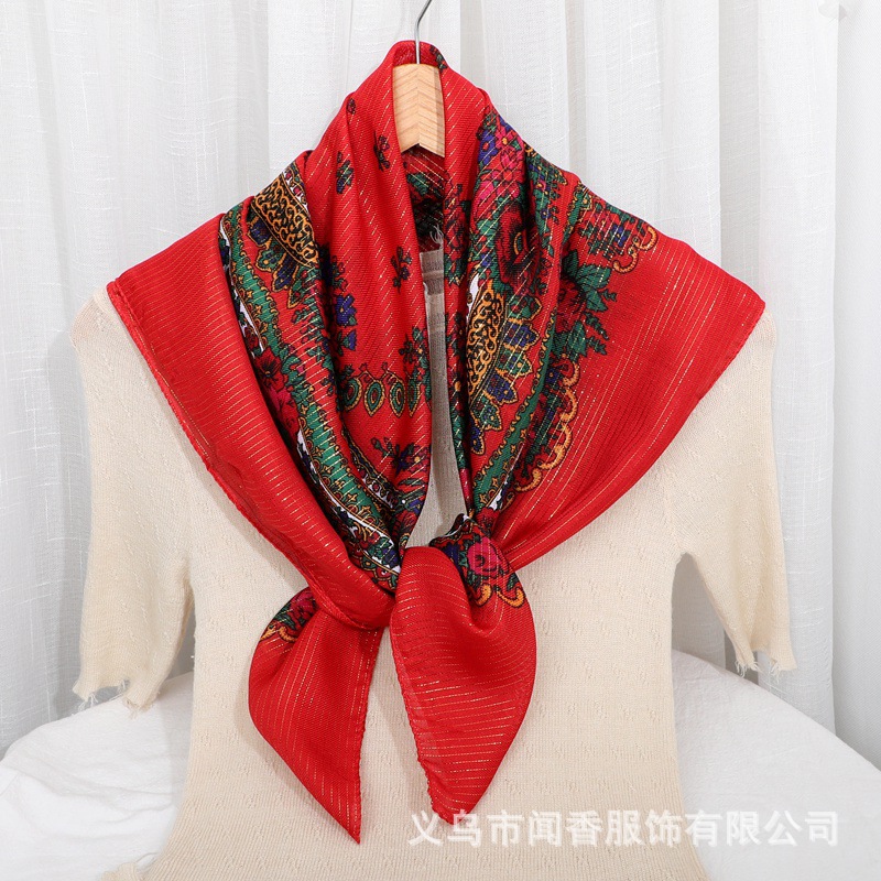 New Gold Thread Ethnic Style 85cm Square Scarf Closed Toe Sun Protection Scarf for Middle-Aged and Elderly Women Working Scarf Scarf