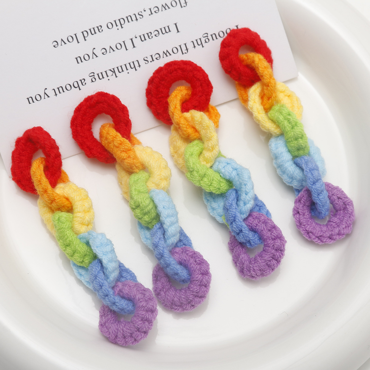 秋冬创意百搭彩虹撞色毛线手工编织长款链条耳钩耳环diy饰品配件