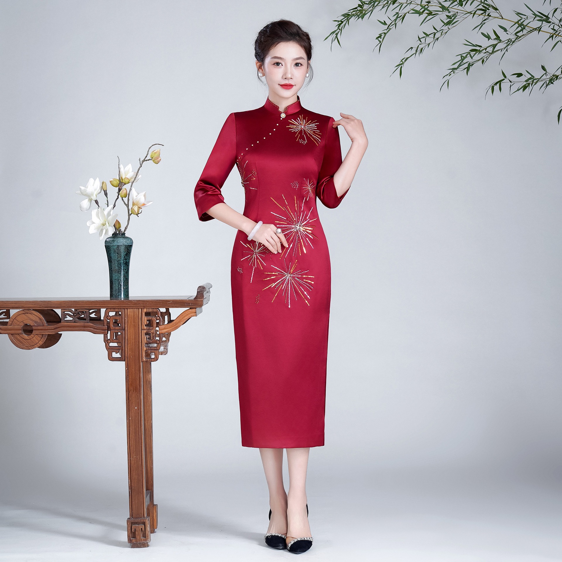 秋季喜妈妈婚宴礼服旗袍敬酒服新娘连衣裙订婚喜婆婆中式绣花旗袍