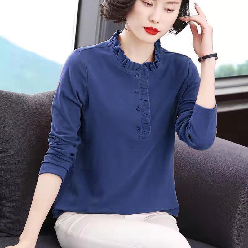 长袖上衣女春秋新款t恤中年妈妈洋气高档棉质秋衣女外穿显瘦女装