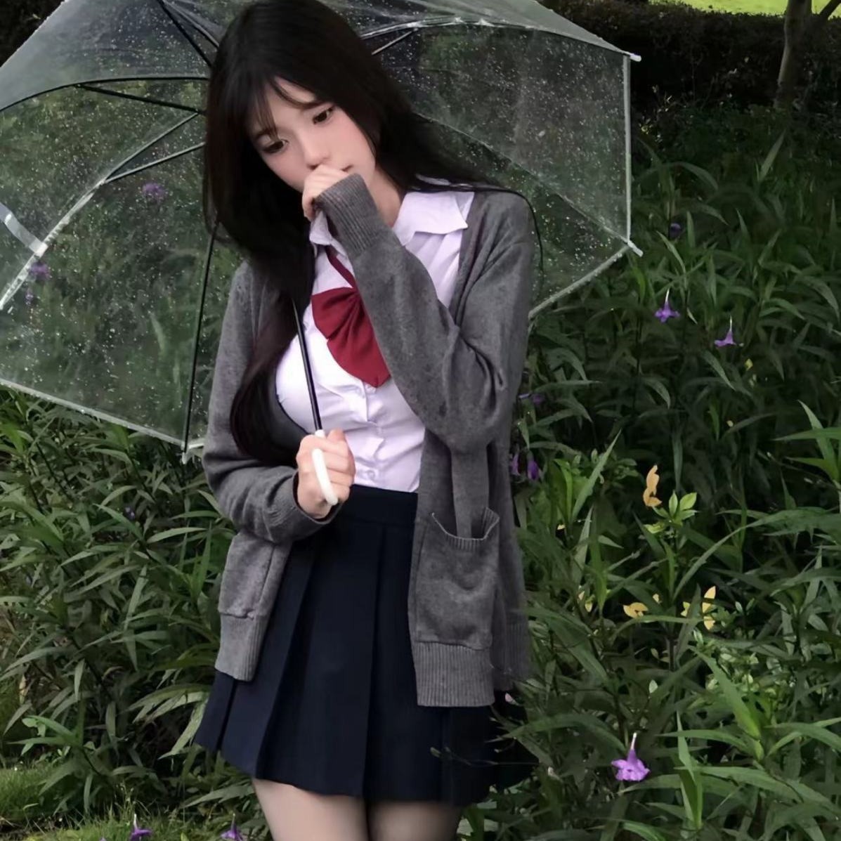 原创jk制服裙高腰狗短格裙收腰衬衫毛衣开衫套装秋冬女爆款全身韩